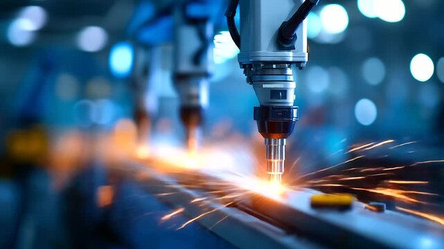 Robotic steel manufacturing line with precision welding arms and automated quality control systems showcasing smart factory technology and Industry 4.0 implementation in modern