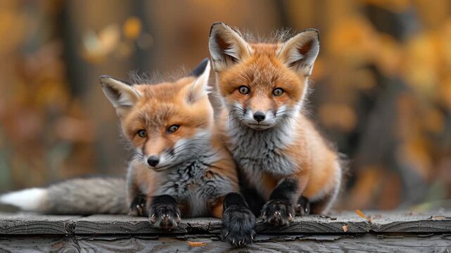 Two adorable young foxes with curious eyes sitting close together in a natural outdoor setting with autumn foliage 4k video