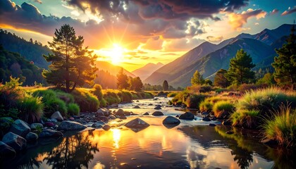 Stunning mountain sunset over a calm river