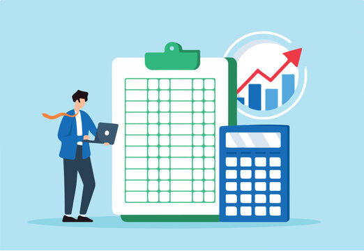 Go to Page |Prev12345...17Next Flat illustration of accountant use calculator and spreadsheet to produce report for financial analysis