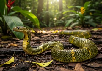 Fototapeta premium A vibrant green snake with yellow markings slithers through a lush, sun-dappled forest floor, its tongue flicking in exploration