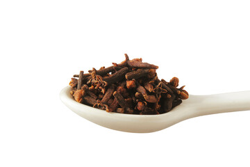 Dried cloves spice isolated in spoon, cutout in transparent background, png format