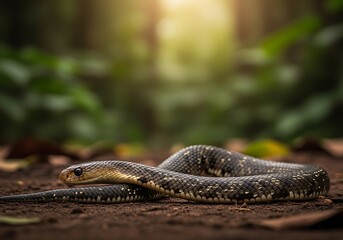 Obraz premium Serpentine Majesty A striking snake basks in the dappled sunlight filtering through the forest canopy