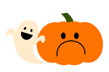 Cute, happy Halloween ghost hanging out with sad pumpkin character. Spooky orange jack-o-lantern illustration, kawaii holiday party decoration vector design for autumn and fall seasonal celebrations