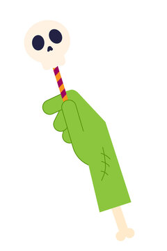 Creepy Halloween zombie hand holding skull lollipop candy on striped stick. Green undead monster arm with spooky sweet treat, scary party decoration vector illustration for holiday design. High res