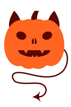 Scary Halloween devil, pumpkin jack-o-lantern with ears and tail. Evil autumn/fall holiday vector illustration, festive decoration, cartoon character. High resolution PNG