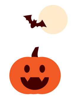 Halloween pumpkin jack-o-lantern with bat and moon vector illustration. Orange carved pumpkin face with spooky smile for autumn holiday decorations on white background. High resolution PNG, isolated
