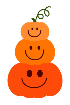 Halloween stacked pumpkins with three smiling jack-o-lantern faces, orange vine and curly stem, cute kawaii autumn/fall decoration, festive vector illustration, Halloween tower design. High res PNG