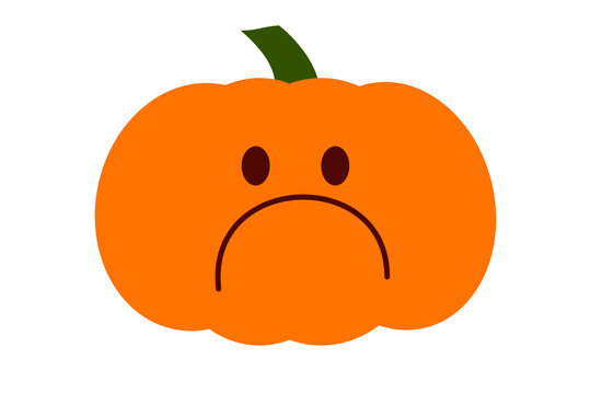 Cute Halloween sad pumpkin character. Spooky orange jack-o-lantern illustration, kawaii holiday party decoration vector design for autumn and fall seasonal celebrations,  trick or treat decoration