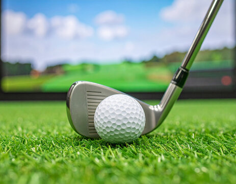 Golf Ball and Iron Club on Artificial Turf, Poised for a Virtual Swing in a Blurred Simulator. - Powered by Adobe