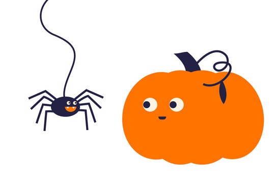 Cute Halloween illustration of a smiling pumpkin and a friendly spider hanging from a web. Fun, spooky, and playful design. PNG with transparent background for seasonal projects, decoration, kids art