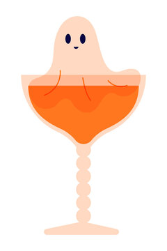 Cute Halloween ghost cocktail in martini glass with orange drink. Spooky holiday character beverage, festive party bar decoration vector illustration for autumn and fall celebrations. High res PNG 