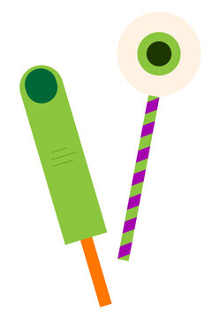 Halloween zombie finger & eyeball lollipop candy on green striped stick. Spooky sweet treats, horror party decoration, monster vector illustration, creepy fun design. High resolution PNG