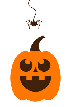 Spooky, cute Halloween pumpkin jack-o-lantern with carved face, hanging spider on thread, orange autumn/fall holiday decoration, creepy vector illustration, festive Halloween party design. High res
