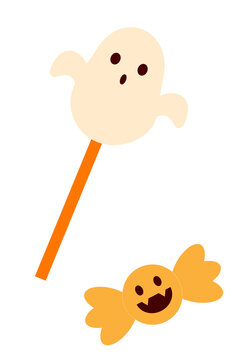 Halloween ghost lollipop and pumpkin candy in a wrapper, spooky cute kawaii sweet treats, autumn/fall holiday party decoration, festive vector illustration, fun Halloween design. High res PNG
