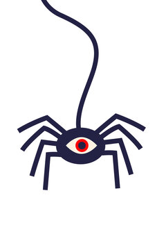 Spooky Halloween spider with red eye hanging on web thread vector illustration. Cartoon dark blue arachnid design element for autumn holiday decorations on white background. High resolution PNG