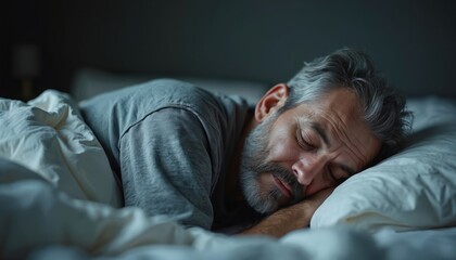 Mature white-haired man asleep in bed. Focus on face, closed eyes. Tired elderly person suffers headache or insomnia. Calm, peaceful sleep, deep rest in dark bedroom with pillow and blanket.