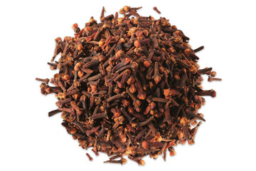 heap of dried cloves spice isolated, top view, cutout in transparent background, png format