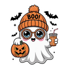 Cute Halloween Ghost with Pumpkin and Boba Tea Wearing Boo Beanie and Round Glasses for Fun Spooky Autumn Season Design on Transparent Background