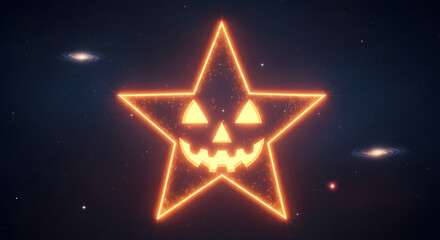 A luminous orange Halloween star with a spooky jack-o'-lantern face glowing brightly against a dark, cosmic background with shimmering particles