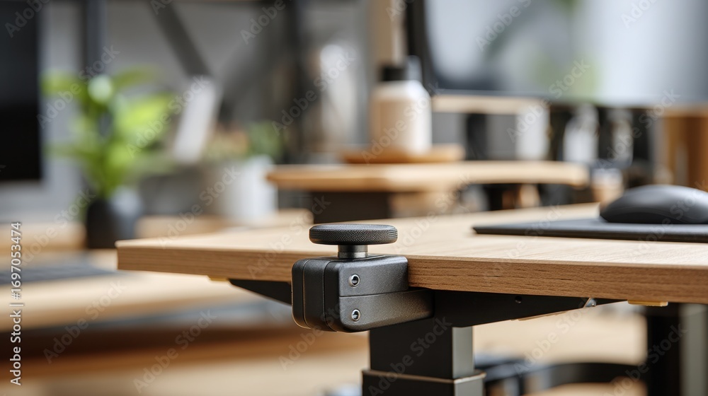 Poster closeup medium shot highlighting an adjustable desk mechanism in action with blurred workspace eleme