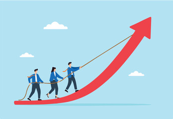 Flat illustration of business leader pulling rope on rising arrow graph with team climbing innovation curve toward business growth