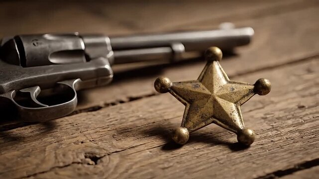 Vintage sheriff star badge and antique revolver on weathered wood surface