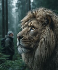 Obraz premium A regal lion sits calmly in a misty forest, its gaze piercing and wise. The image captures wild beauty, strength, and nature’s untamed grace.