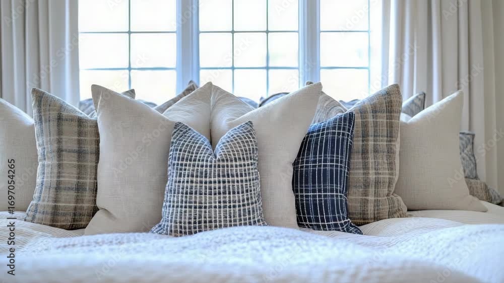 Poster a bed with a row of patterned pillows against a window