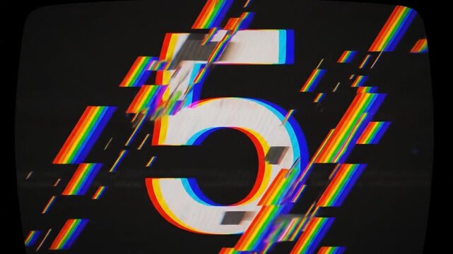 Retro VHS countdown number five with RGB chromatic glitch and CRT distortion.