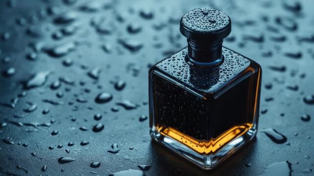 A dark, square perfume bottle rests on a surface covered with water droplets