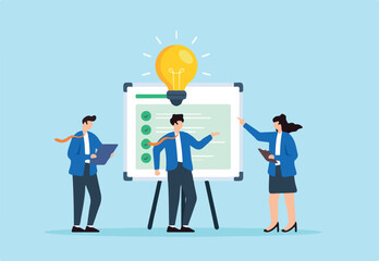 Flat illustration of business team brainstorming with checklist whiteboard and lightbulb representing collaboration and creative planning strategy