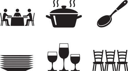 Dining Experience Illustration Featuring People at Table, Cooking Pot, Spoon, Plates, Glasses