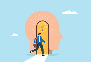 Flat illustration of businessman stepping through open head door with glowing lightbulb representing unlocking new mindset and ideas