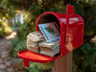 Red mailbox filled with cash and Christmas card outdoors