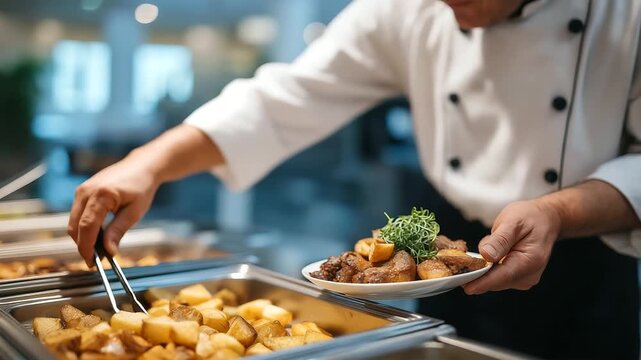 Catering chef preparing large scale event meals with industrial cooking equipment coordinating multiple dishes for banquet service while maintaining quality and presentation stand