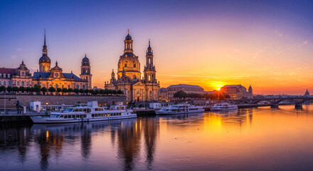 Naklejka premium Golden light illuminates historic Dresden city at sunset