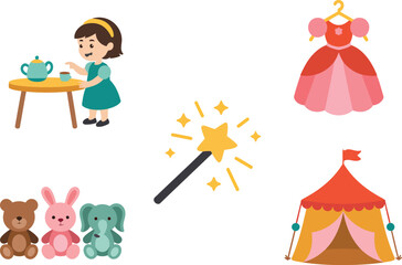 Playtime Icons Set Featuring Girl, Dress, Toys, Tent, and Wand for Children's Designs
