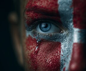 Close-up human face, portrait with painted national flag of denmark , with tears flowing from eyes. National tragedy, patriotism, emotion, and striking identity, accident, catastrophe concept.