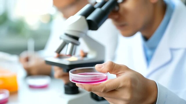 Microbiology laboratory technicians examine bacterial cultures under microscopes while preparing antibiotic sensitivity testing plates identifying pathogens and drug resistance