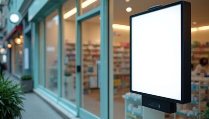 Blank white banner on pharmacy storefront window. Store interior with shelves of products visible. Advertisement or promotion space on modern shop exterior.