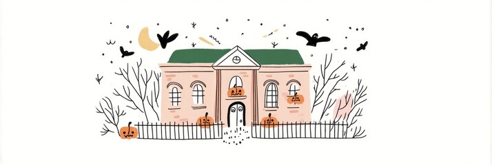 Obraz premium Old mansion stands under the moonlight, its eerie silhouette highlighted against a backdrop of vibrant autumn foliage and scattered Halloween pumpkins, creating a spooky atmosphere, banner
