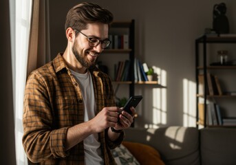 Smiling man using smartphone at home