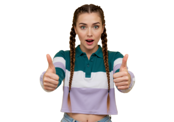 Young woman with braided hair giving two thumbs up with a surprised expression