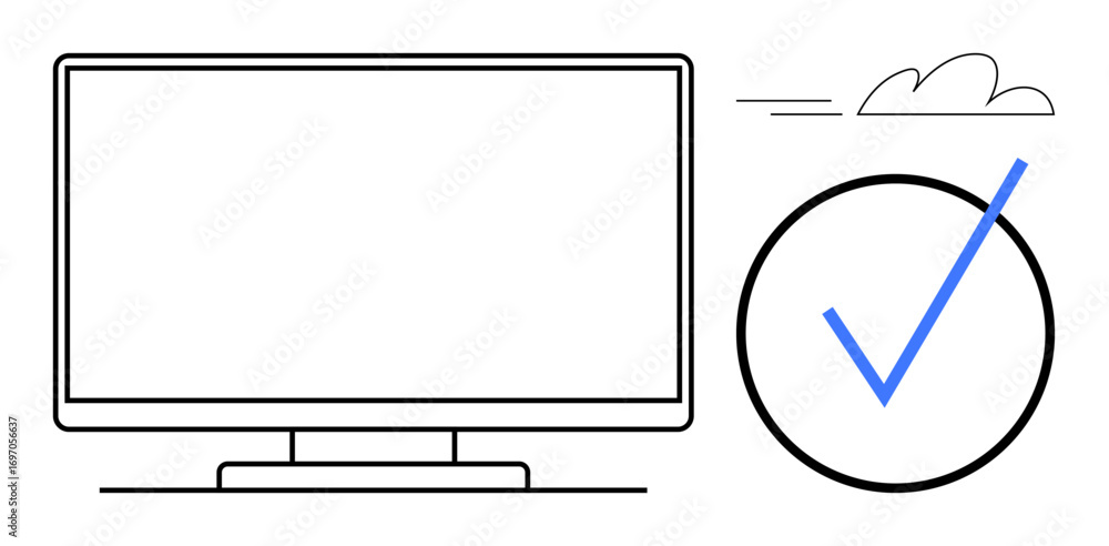 Aufkleber computer monitor and large checkmark circle with small cloud. ideal for technology, productivity, di
