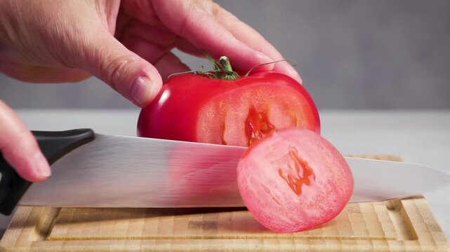 chef cut tomato on cutting board with sharp knife for making healthy meal and cooking, cook cutting red juicy tomatoes for making salad, food closeup in kitchen