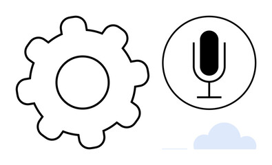 Gear, microphone inside circle, and cloud convey automation, voice control, and digital technologies. Ideal for technology, AI, cloud storage, automation innovation communication simple landing