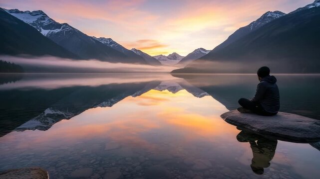 Person meditating by mirror lake at sunrise, tranquil reflection of snowy mountains, peaceful solitude, mist, self-discovery, serenity, and nature connection