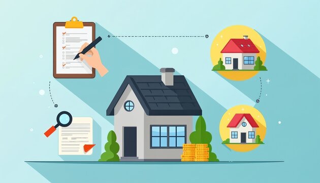 Buying house involves checklist, inspection, financing. Illustration shows hand completing checklist, magnifying glass reviewing documents, coins representing money, multiple houses property search.