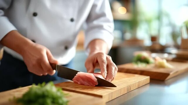 Sushi master chef precisely slicing fresh fish with traditional Japanese knife while apprentice observes technique with bamboo cutting boards and wasabi preparations on clean